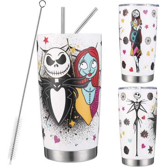Nightmare Before Christmas Tumbler Cup with Straws and Lid, Jack and Sally Nightmare Before Christmas Gift for Women Friend Wife Daughter, Double-wall Stainless Steel Vacuum Insulated, 20 Oz