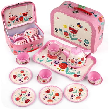 D-FantiX Kids Tea Set for Little Girls, 15Pcs Pink Tin Tea Party Set for Toddlers, Afternoon Tea Time Pretend Playset with Metal Teapots Tea Cups Play Dishes Princess Toys Gifts with Storage Case