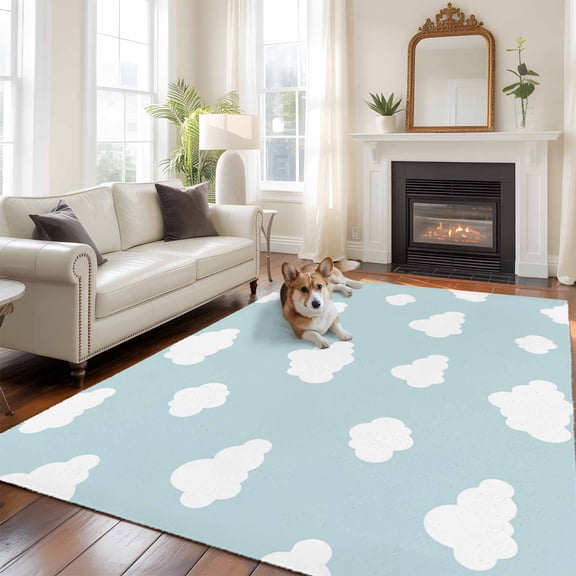 6'x9' Area Rugs, Clouds Indoor Outdoor Area Rug for Living Room Bedroom, Cartoon Blue Sky Minimalist Aesthetic Washable Bathroom Rugs Kitchen Floor Carpet Mats Home Decor Aesthetic