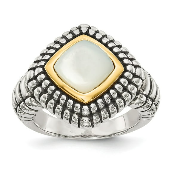14K Two-Tone Gold Ring Band Pearl Yellow M of Sterling Silver with 14k Mother