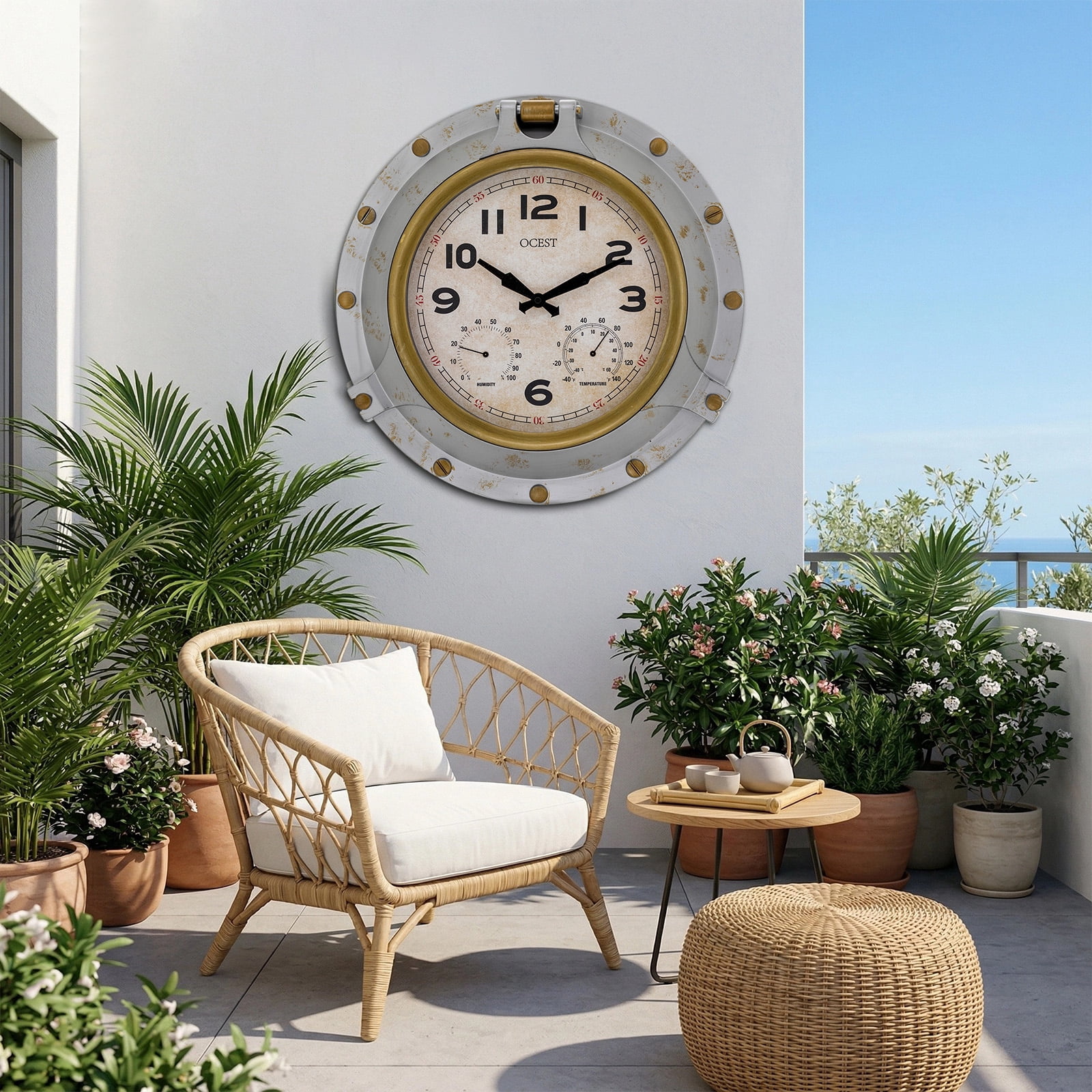 18 Inch Large Outdoor Clock Waterproof, Oversized Silent Wall Clock with Thermometer& Hygrometer,Battery Operated Clock for Garden Pool Patio Living Room Office Decorative