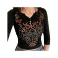 thumbnail image 1 of Qiylii Women Long Sleeve Crop Top Vintage Rhinestone Spider Graphic Print Shirt V Neck Slim Fit Blouse Grunge Top Streewear, 1 of 9
