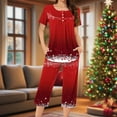 thumbnail image 2 of Feancey Cute Christmas Pj Set Women Short Sleeve Pleated Top and Capris Matching Pajama Sets Holiday Novelty Print Sleepwear 2 Piece with Pockets Red S, 2 of 7