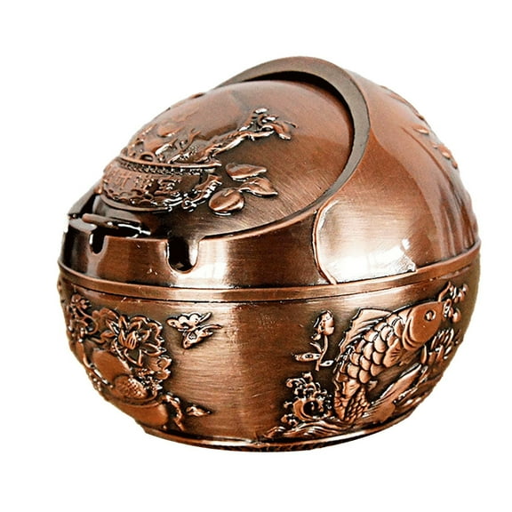 Spherical Ashtray,Vintage Ashtray with Lid for Cigarettes,Metal Windproof Smokeless Odorless Ash Tray Holder,for Indoor Outdoor Decorative,Hand-Carved Fancy Gift Ornament for Home Office(Coffee)