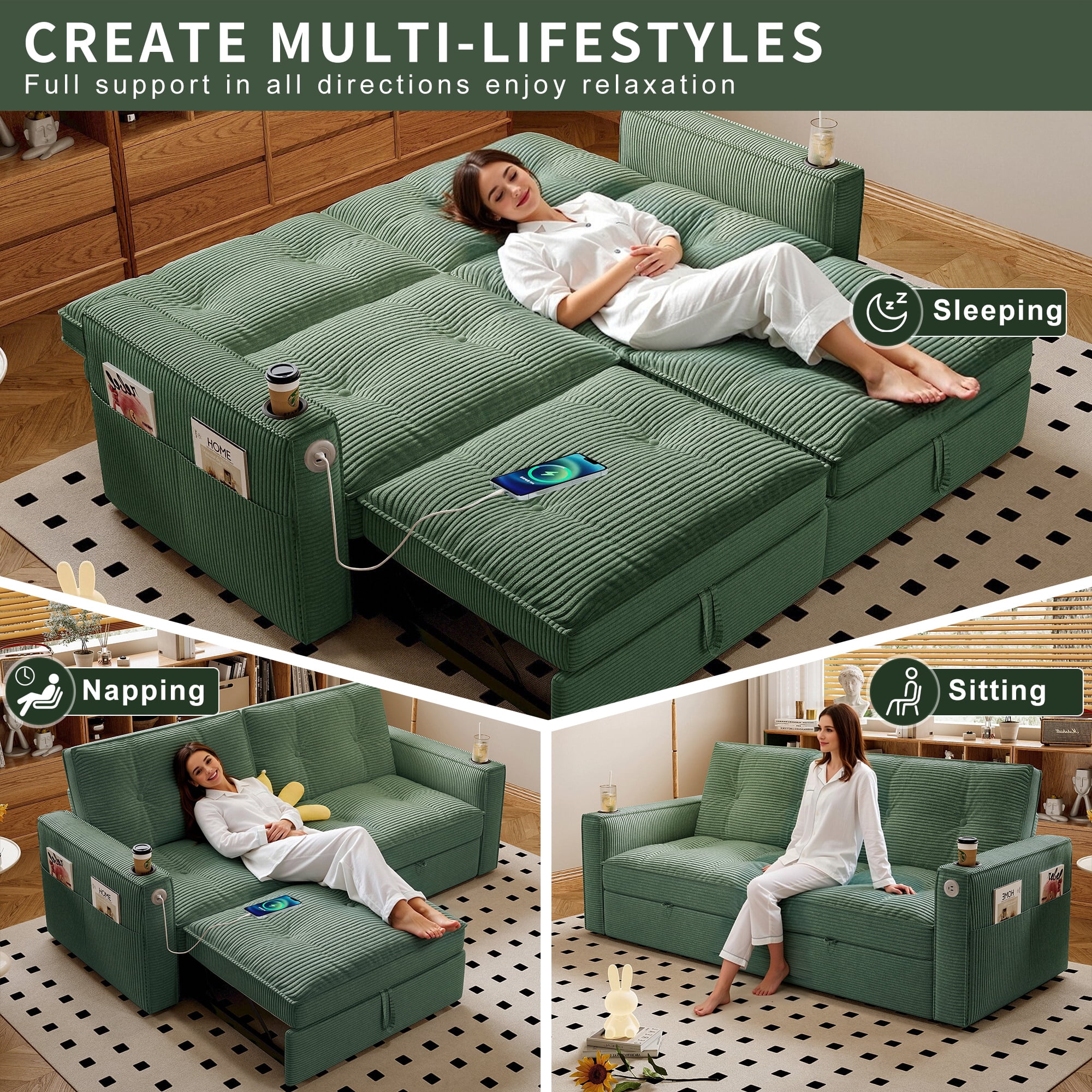 Kosynda 73"W Pull Out Couch with Charging and Cup Holder, 2 in 1 Convertible Sofa Bed with Storage Pockets, Folding Loveseat Sleeper Sofa for Living Room, Office, Small Space, Green