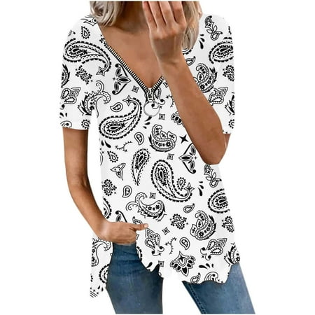 

White Blouse for Women Women s Fashion Zipper Printing Casual V-neck Short Sleeve Loose T-shirt Tops Maternity Blouses White XXL