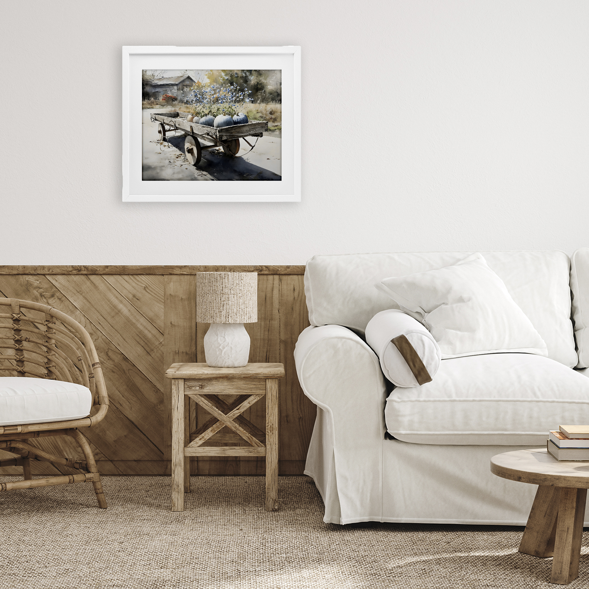 Stupell Industries Blue Pumpkin Wagon in Sunlight White Framed Print Under Glass, design by Franklyn Gregory