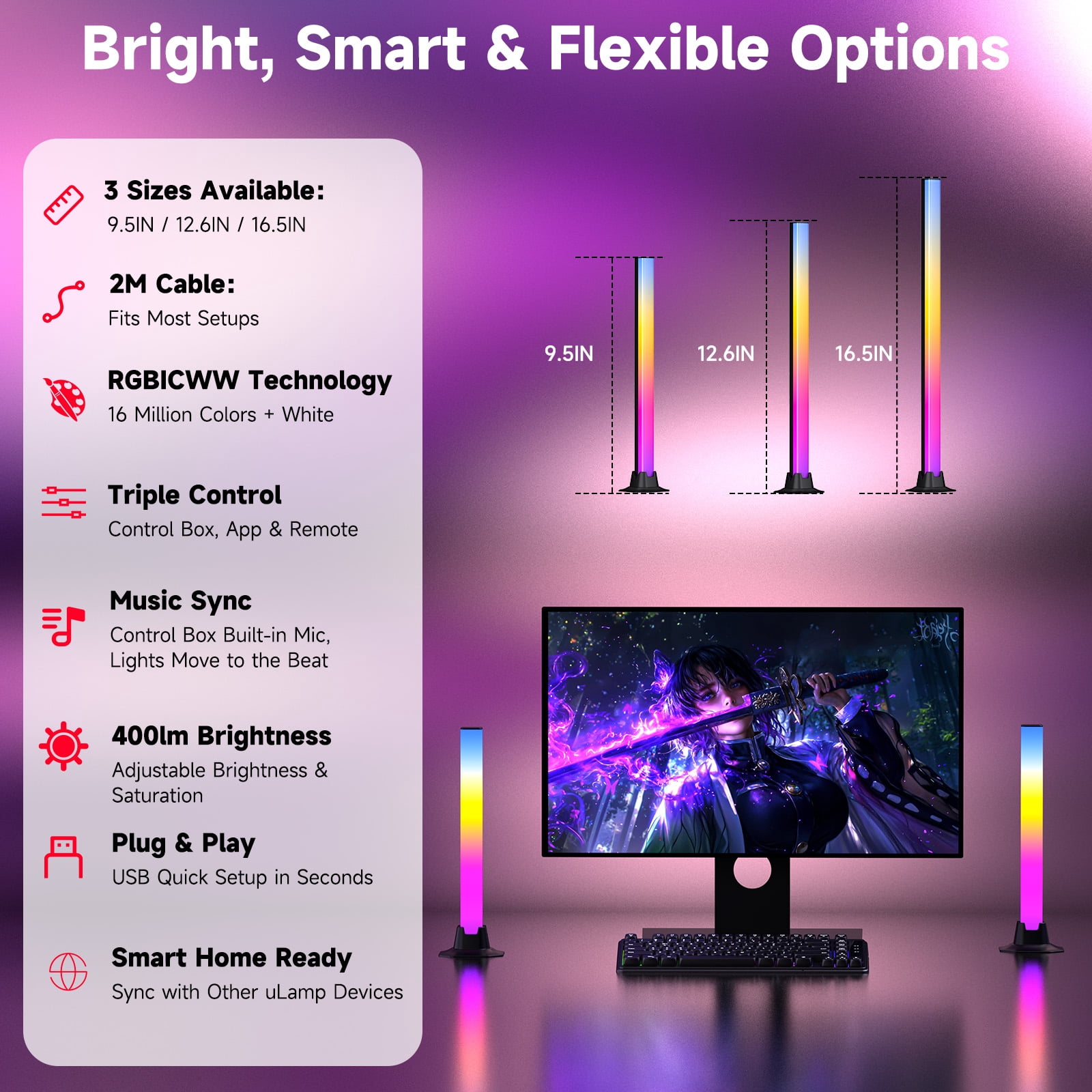 RGB LED Light Bars, USB Powered TV Backlight with Music Sync, APP & Remote Control, Color Changing Gaming Lights for TV, PC, Bedroom, 2 Pack, 12.6 in