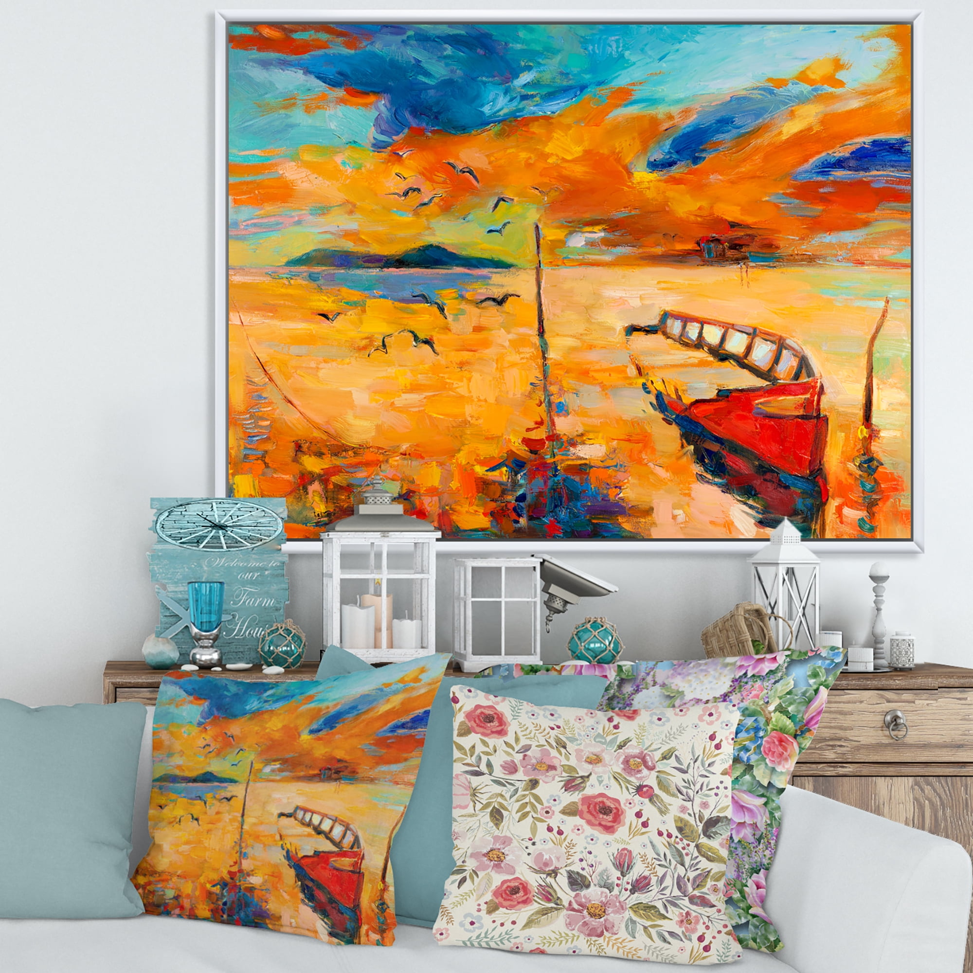 Designart 'Boat At The Lake During Evening Glow VIII' Nautical & Coastal Framed Canvas Wall Art Print