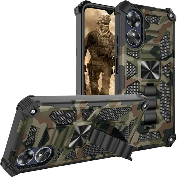 Camouflage Case for Oppo A17 with Magnetic Kickstand, Built-in 360° Rotate Ring Stand Magnetic Car Mount Phone Cover Case for Oppo A17 MC Army Green