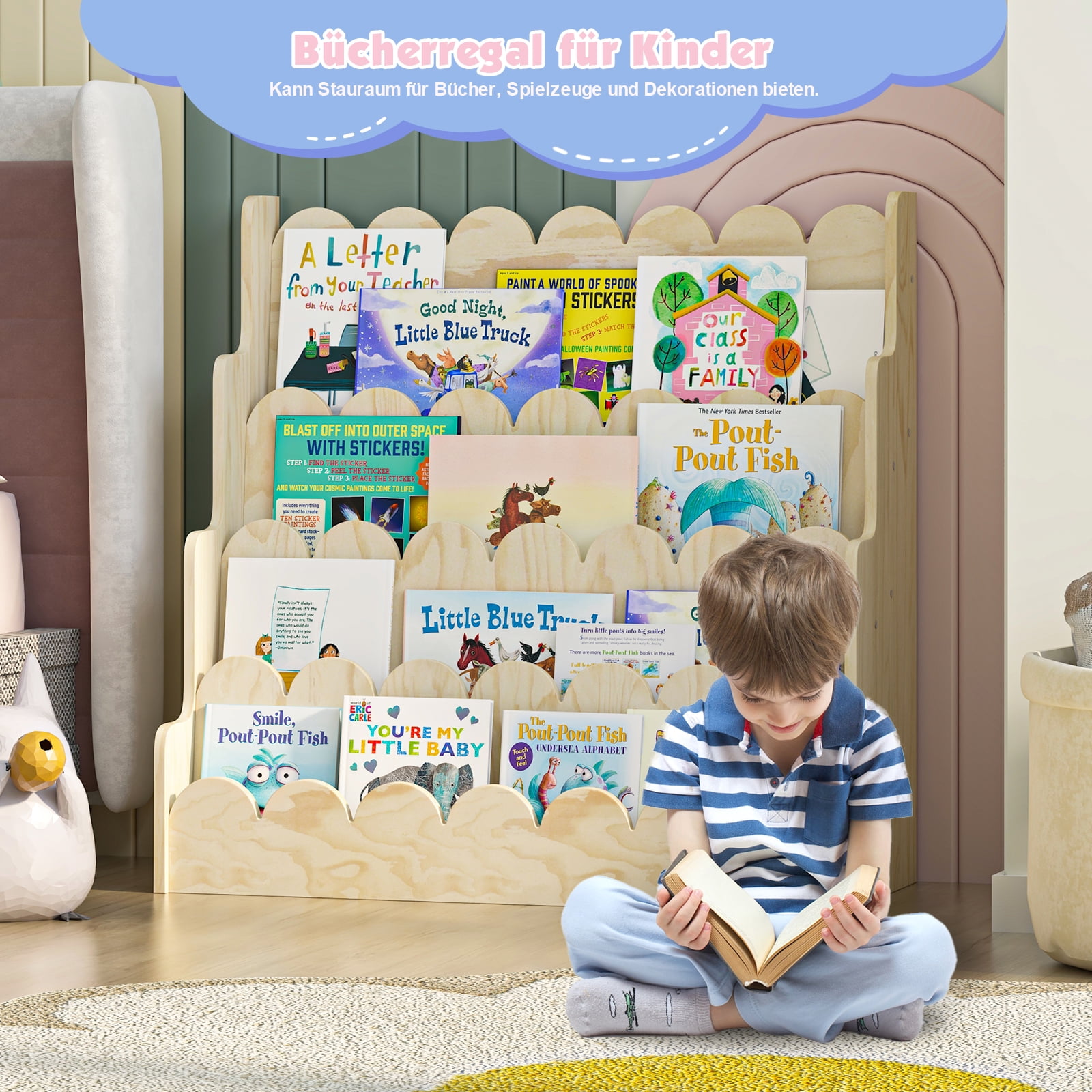 Hironpal 4-Tier Kids Bookshelf, Montessori Wood Bookcase for KidsRoom,Bedroom,Playroom,Gift for Boys&Girls,Natural