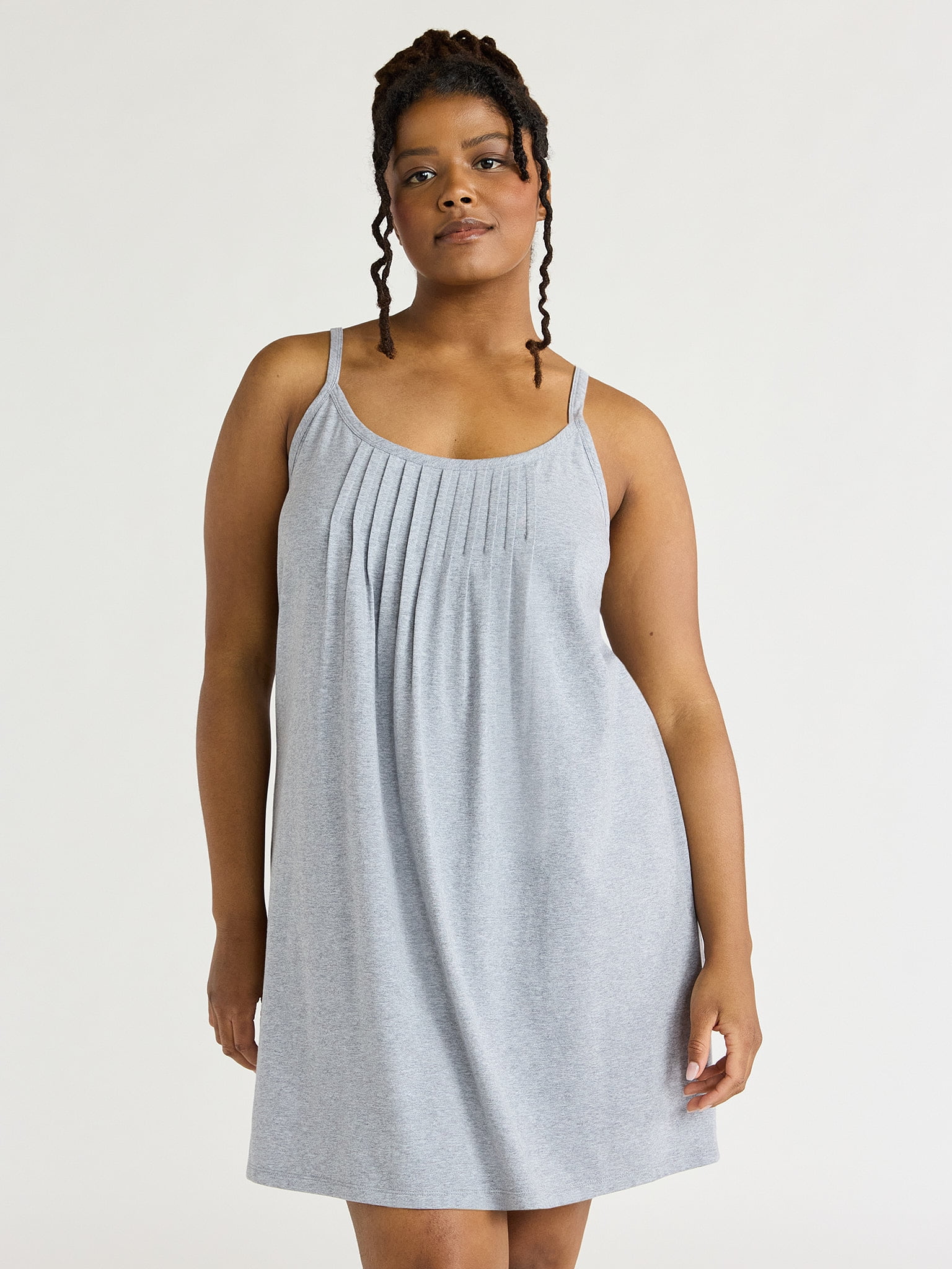Joyspun Women's Cotton Blend Pleated Sleep Chemise with Pockets, Sizes S to 3X