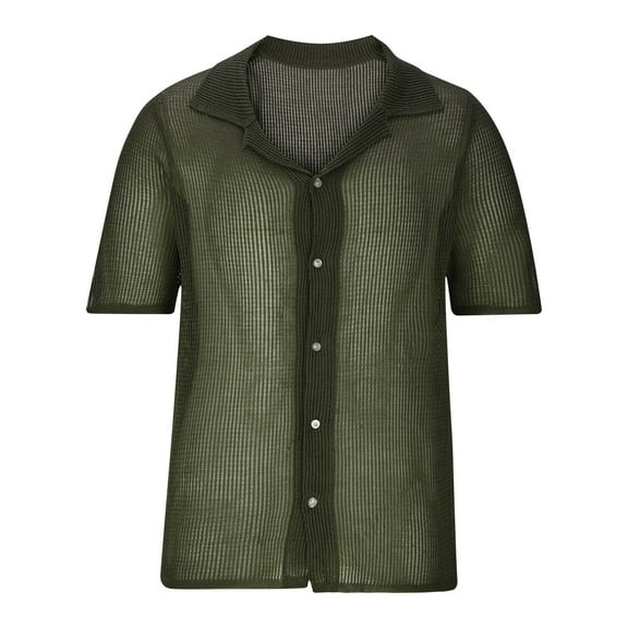 WREESH Men's Fashion Knit Solid Color Button Down Shirts Casual Short Sleeve Top with Turndown Collar for Everyday Wear Olive Green
