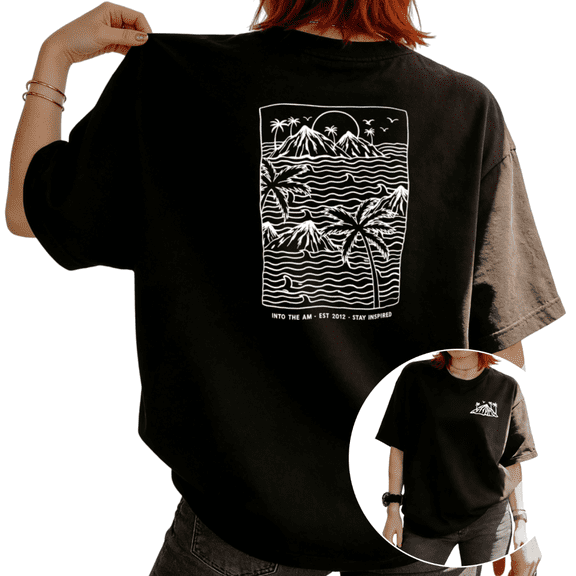 UNISHE Women's Tropical Ocean Mountain Palm Tree Graphic Short Sleeve T-Shirt Casual Cotton Crewneck Top Black S-5XL