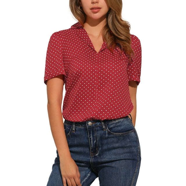 INSPIRAR CHIC Blusas de V Cuello para Mujeres Elegante Casual Estampado de Cereza con Solapa Notch de Verano de Manga Corta S Roja