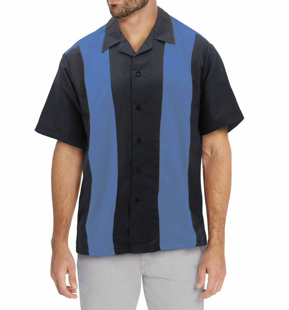 Big Tall Royal Blue on Black Mens Retro Bowling Shirt