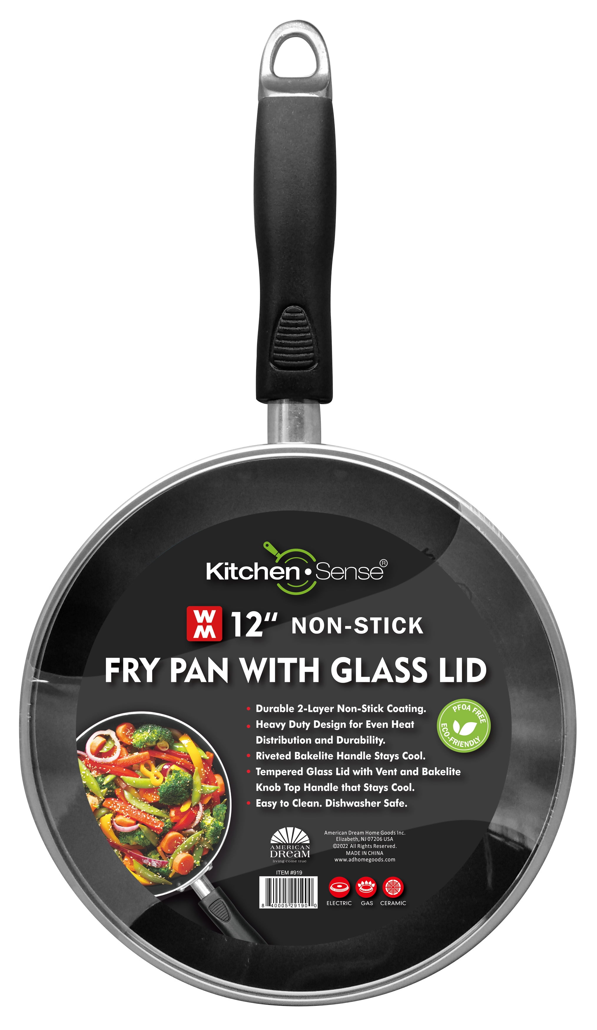 American Dream Home Goods 12-Inch Non Stick Pan, PFOA-Free Aluminum Frying Pan with Tempered Glass Lid, Black