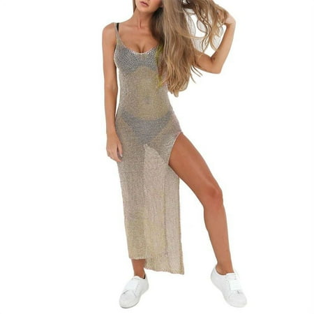 Women Sexy Summer Sunscreen Sheer Mesh Bikini Cover Up Metallic Solid Color Back