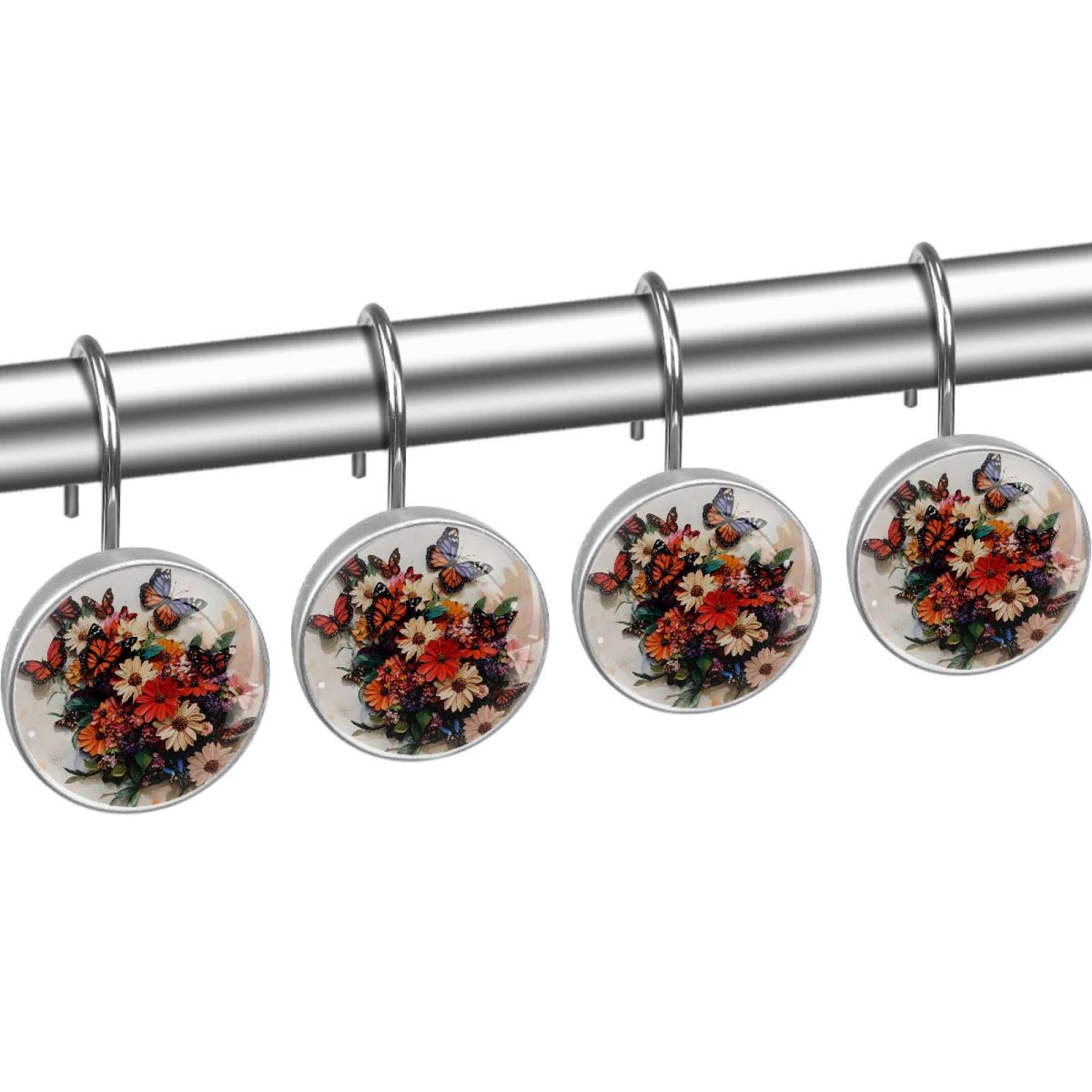 Butterfly Daisy Flowers Shower Curtain Hooks Round Crystal Glass, Set of 12 Shower Curtain Rings - Shower Hooks for Curtain Shower Rings