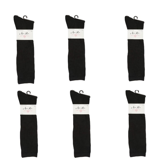 6 Pairs Alexa Rose Woman Knee High Striped Solid Design Dress Casual Socks- Assorted Colors (Black)