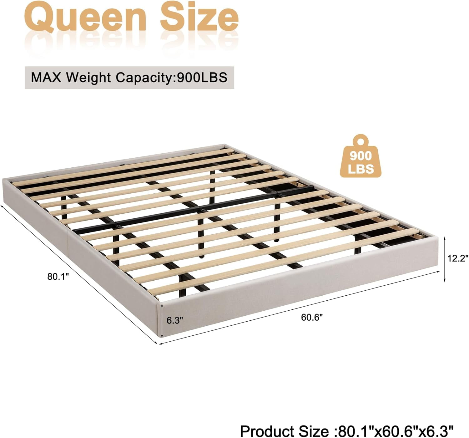 Reliancer Queen Floating Bed Frame with LED Lights Modern Upholstered Queen Size Platform Bed Frame, No Headboard, No Box Spring Needed, Easy to Assemble