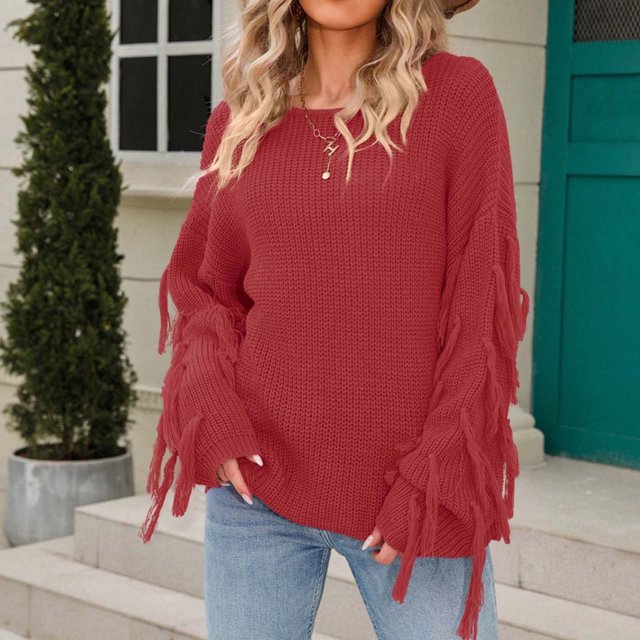 RKSTN Sweaters for Women Solide Col Rond Haut à Manches Longues Pull Pompon Pull Col Rond Pull Automne Sweaters