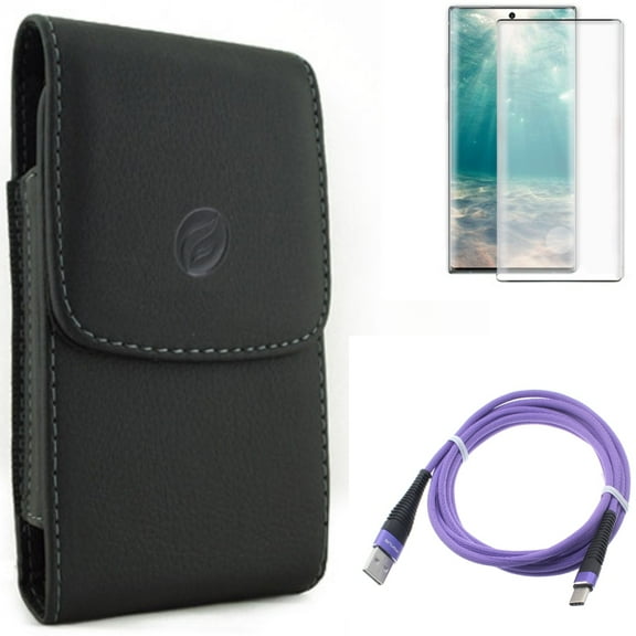6ft USB Cable & Screen Protector & Case Belt Clip for Samsung Galaxy Note 20 (6.7") - Combo with Purple Type-C & Tempered Glass (Fingerprint Unlock) & Leather Holster