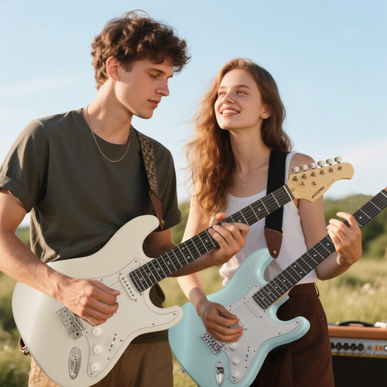 AODSK 39" Beginner Electric Guitar Full Size Kit with Amp, SSS Pickup, Solid Wood Body, Digital Tuner, Six Strings, Four Picks, Tremolo Bar, Strap, Gig Bag