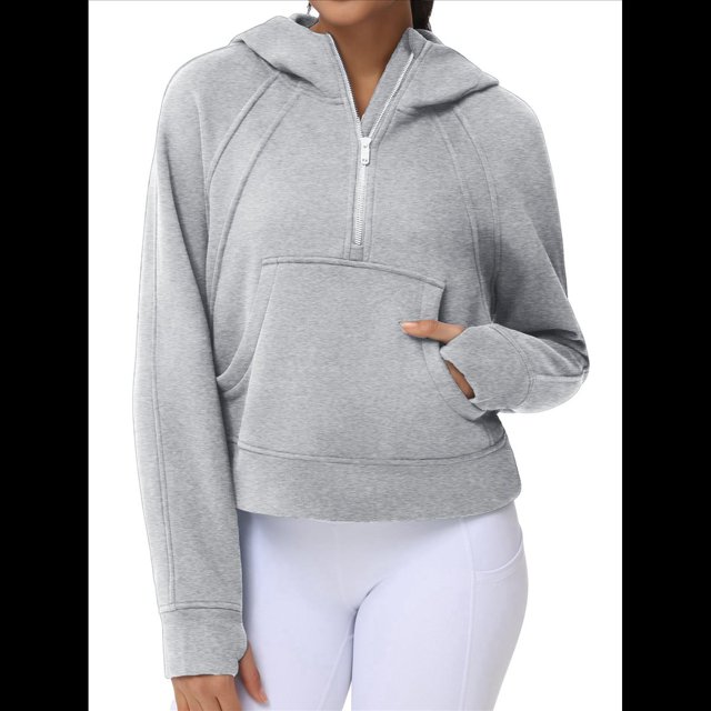 Sudadera con Capucha para Mujer, de Larga, Corta, con Media Cremallera y Bolsillos con Orificio para el Pulgar. Gris L