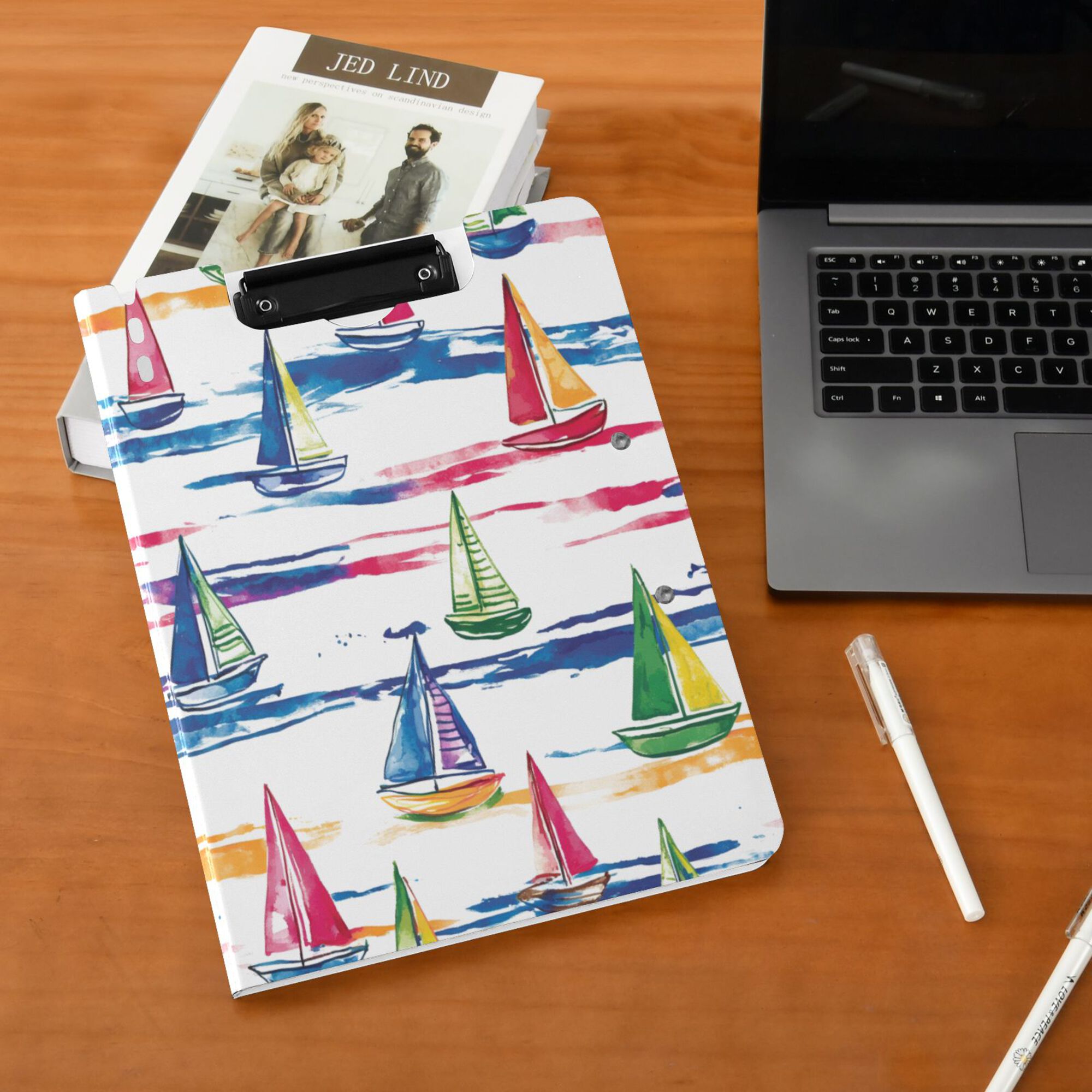 FORMRS A4 Clipboard Folder with Pen Holder Horizontal Foldable School Office Binder, Hand Drawn Sailboats