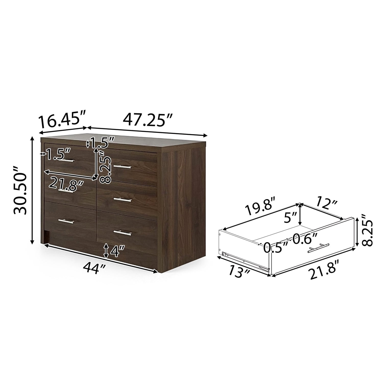 Kadyn MDF Drawer Chest, 6 Drawer Double Dresser for Living Room, Modern Drawer Dresser with 6 Drawers, Walnut