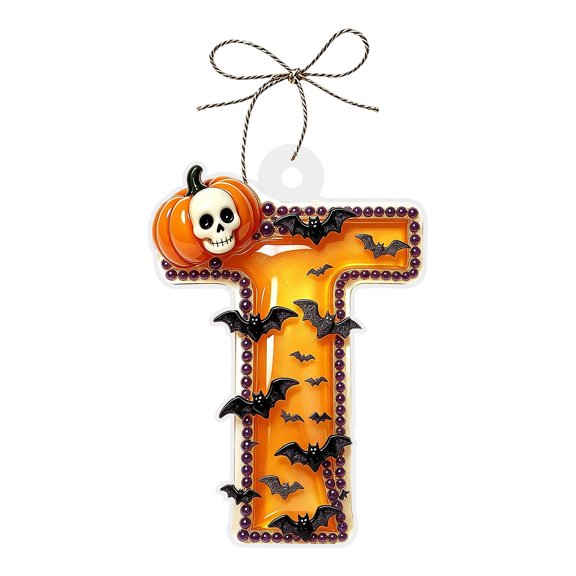Halloween Hanging Letter Ornaments with Pumpkin Skull and Bat Design, 3.15 Inch Acrylic A-Z Alphabet Decorations for Tree Window Wall Party Favors