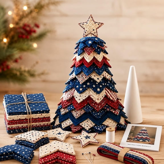 Americana Christmas Tree Quilt Kit, DIY Patchwork Sewing Craft Kit | Christmas Tree Decorations, Rustic Vintage Decor, Ideal for Beginners, Holiday Gift for Quilters(1pc)