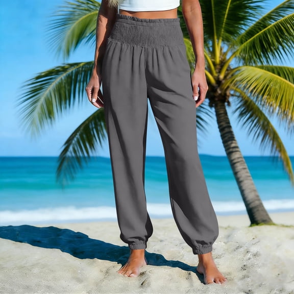 Cagogo Women's Harem Pants Elastic Waist Flowy Casual Solid Boho Print Vacation Lounge Trousers Relaxed Fit Summer Beach Travel Clothes, Gray L