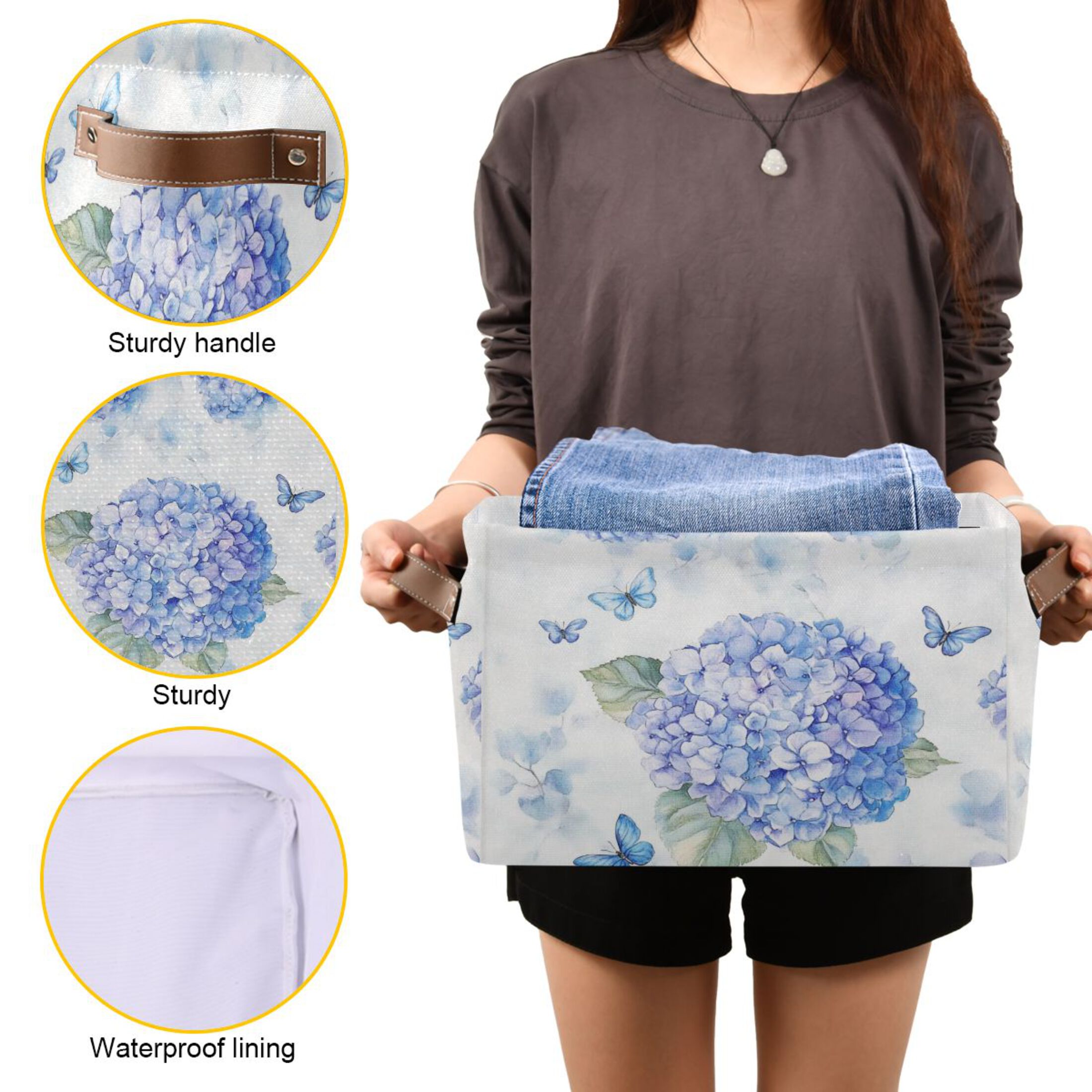 Blue Hydrangea Pattern Foldable Storage Basket,Canvas Fabric Foldable Storage Bins with Handles Open Home Storage Bins Boxes for Toy Book Shelf Closet Baskets