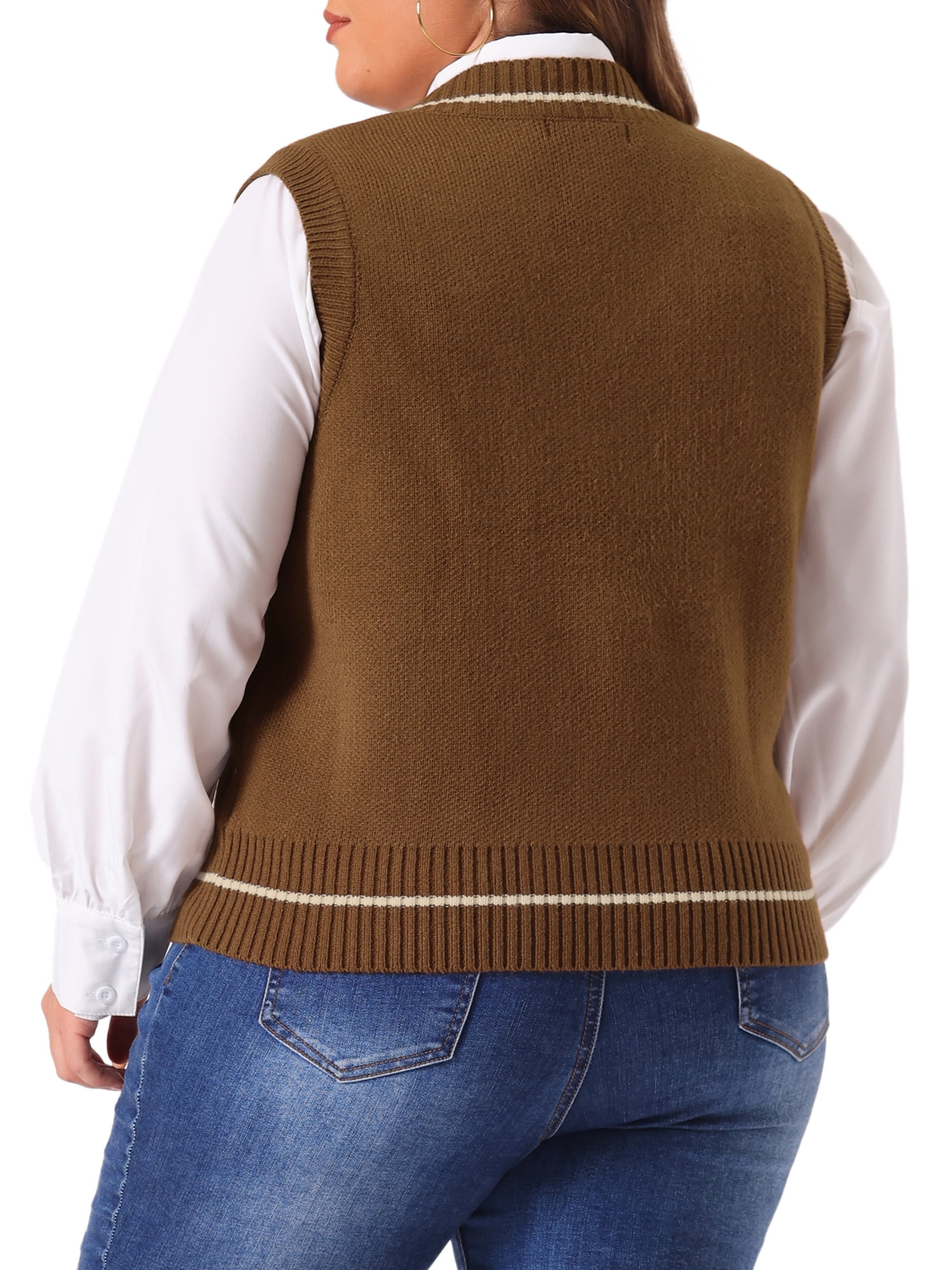 DARING DIVA Women's Plus V Neck Stripe Cable Knit Pullover Sweater Vest 4X Brown