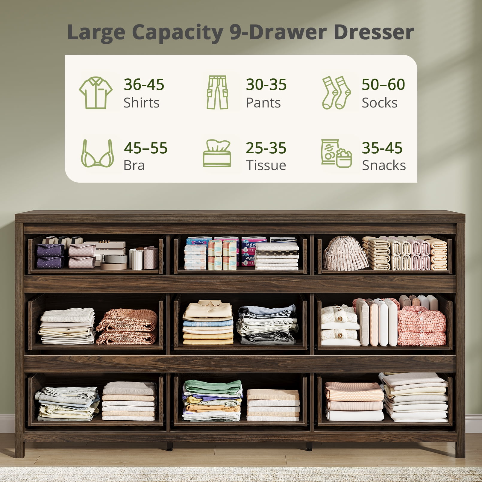 9 Drawer Dresser for Bedroom, 63" Wide Wooden Closet Dresser with Smooth Drawer, Large Dressers & Chests of Drawers for Bedroom Living Room, Walnut Dresser