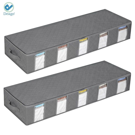 Deago 2 Pack Underbed Storage Bags Containers - Large Capacity Foldable Under Bed Storage Box with Reinforced Handles and Clear Window for Blankets,Clothes,Comforters (Gray)