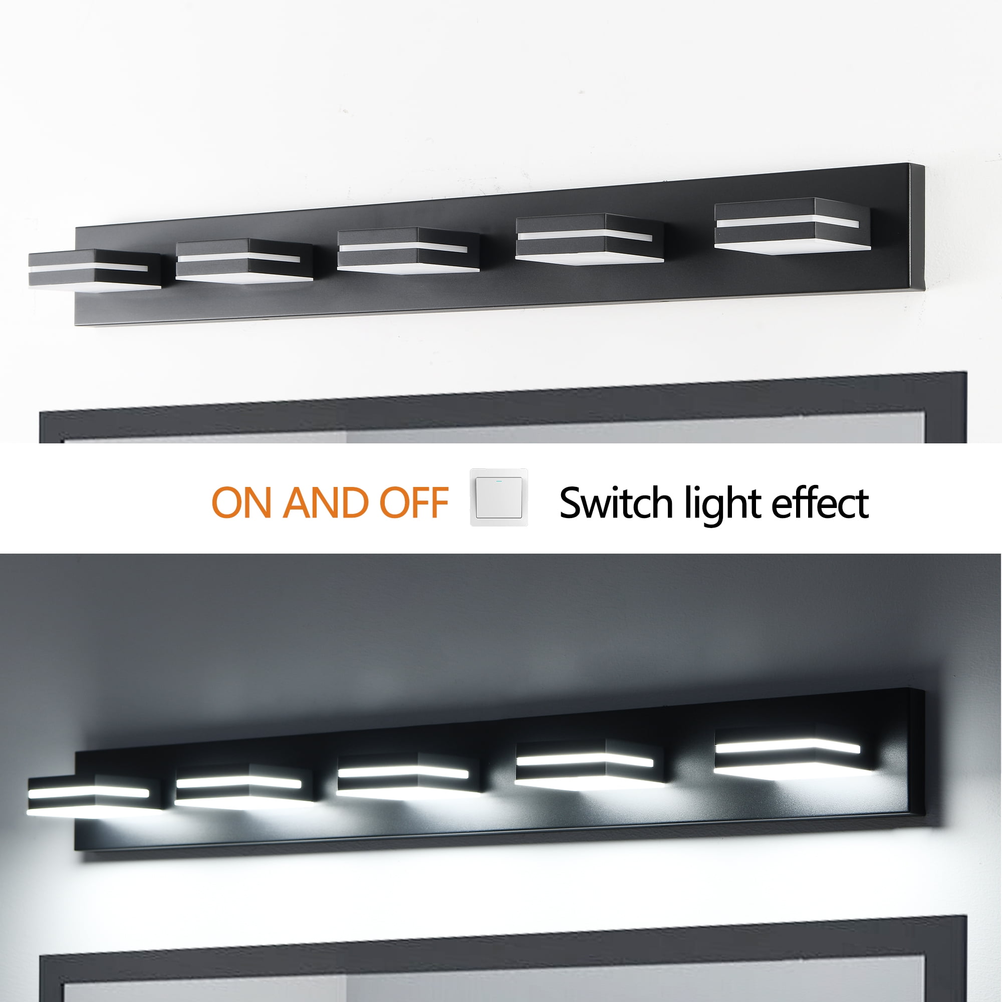 Modern Black LED Vanity Light, 5-Lights Wall Sconce for Bathroom and Mirror, Sleek Minimalist Design, Energy-Efficient, Easy to Install