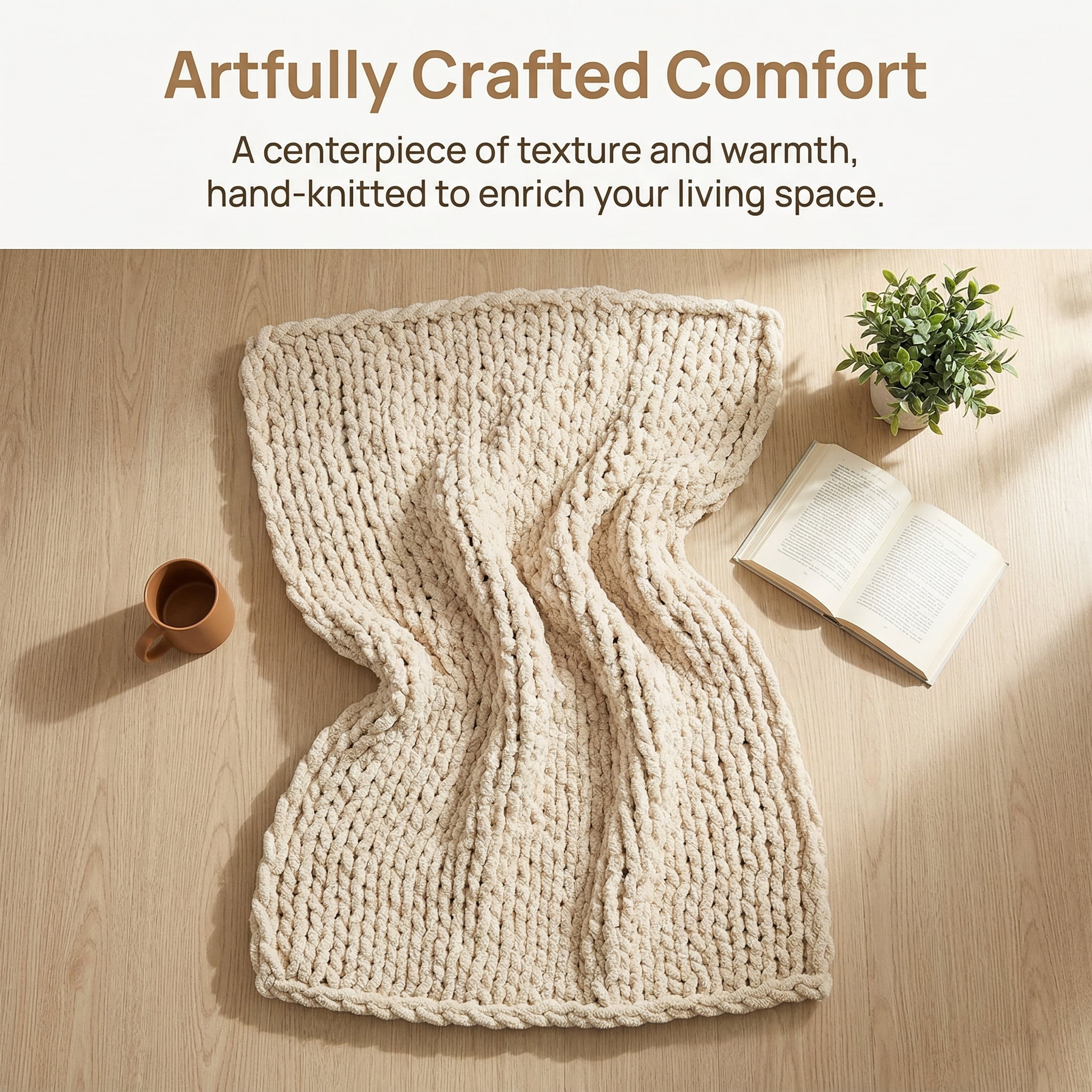HomeCozy Chunky Knit Throw Blanket, 50x60 Inch Beige Soft Thick Chenille Blanket for Couch, Bed, Sofa, Cozy Hand Knitted Rope Knot Crochet Throw