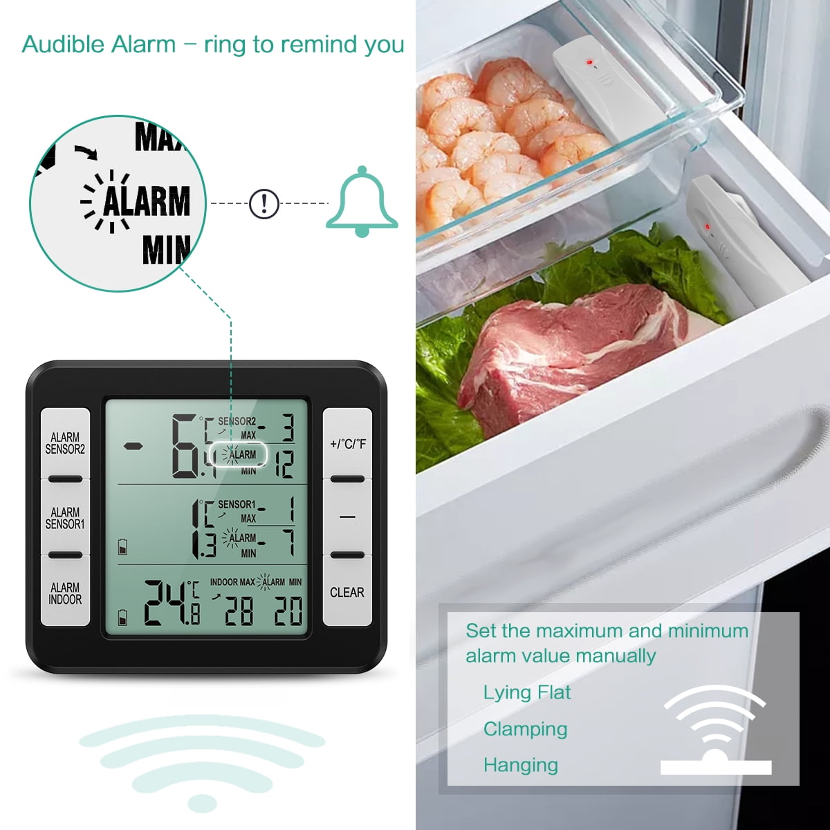 (Upgraded Version) AMIR Refrigerator Thermometer, Wireless Digital Freezer  Thermometer with 2 Sensors, Indoor Outdoor Thermometer with Audible Alarm