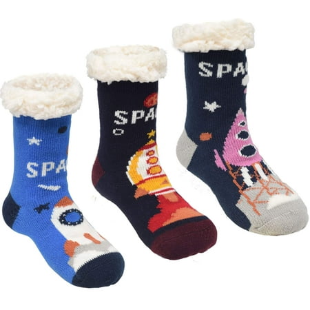 

Winter Kids Fuzzy Slipper Socks Boys Thermal Warm Non-Skid 4-6 Rocket Home Socks Holiday Cabin Soft Thick Fluffy Sherpa Fleece Lined Gifts for Christmas Stocking Stuffers for Children