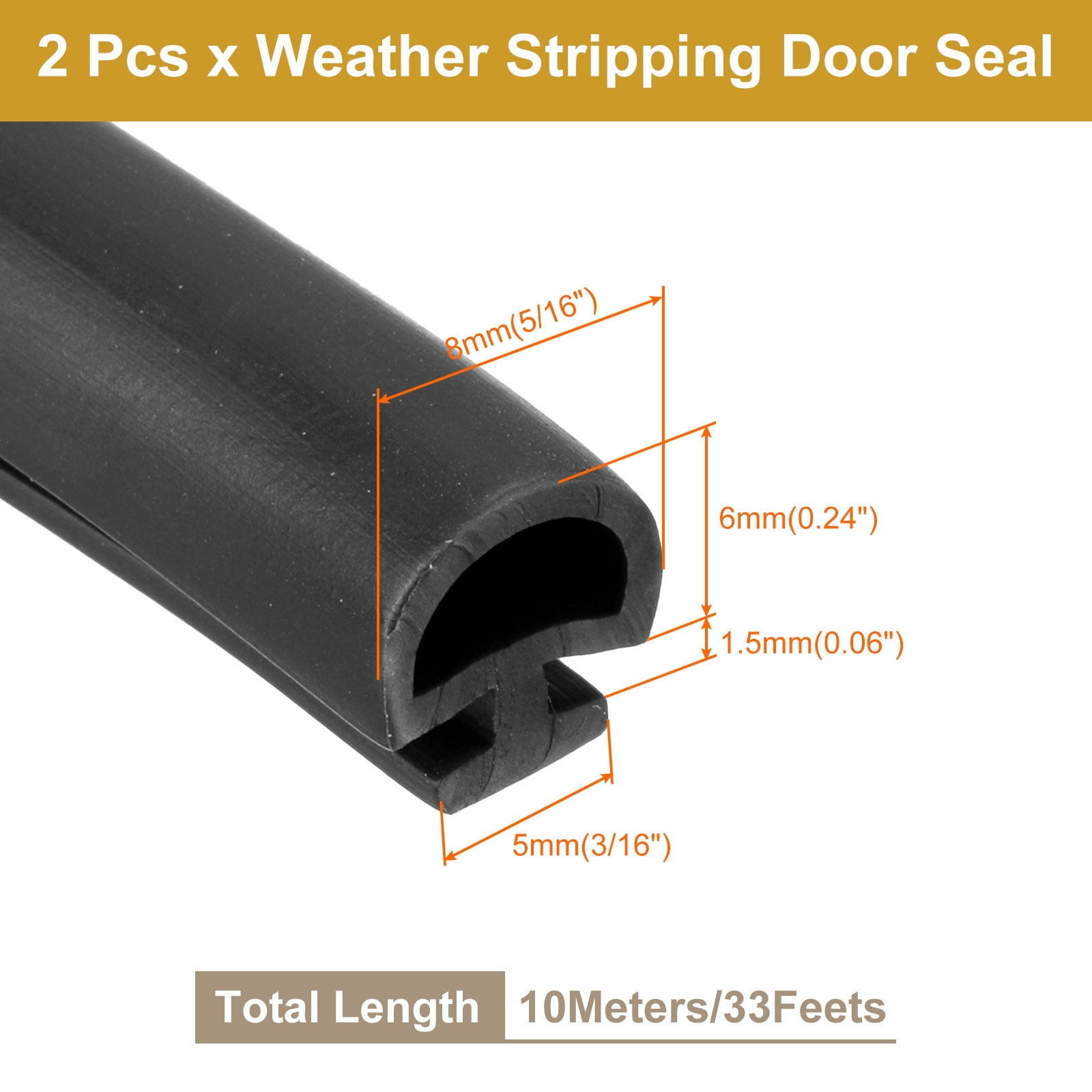 Window Weather Stripping Door Seal, 2 Pack 5/16" Wide Bulb Bubble TPE Weatherstrip Seal for 3/16" Slot (10 m/33 ft, Black)