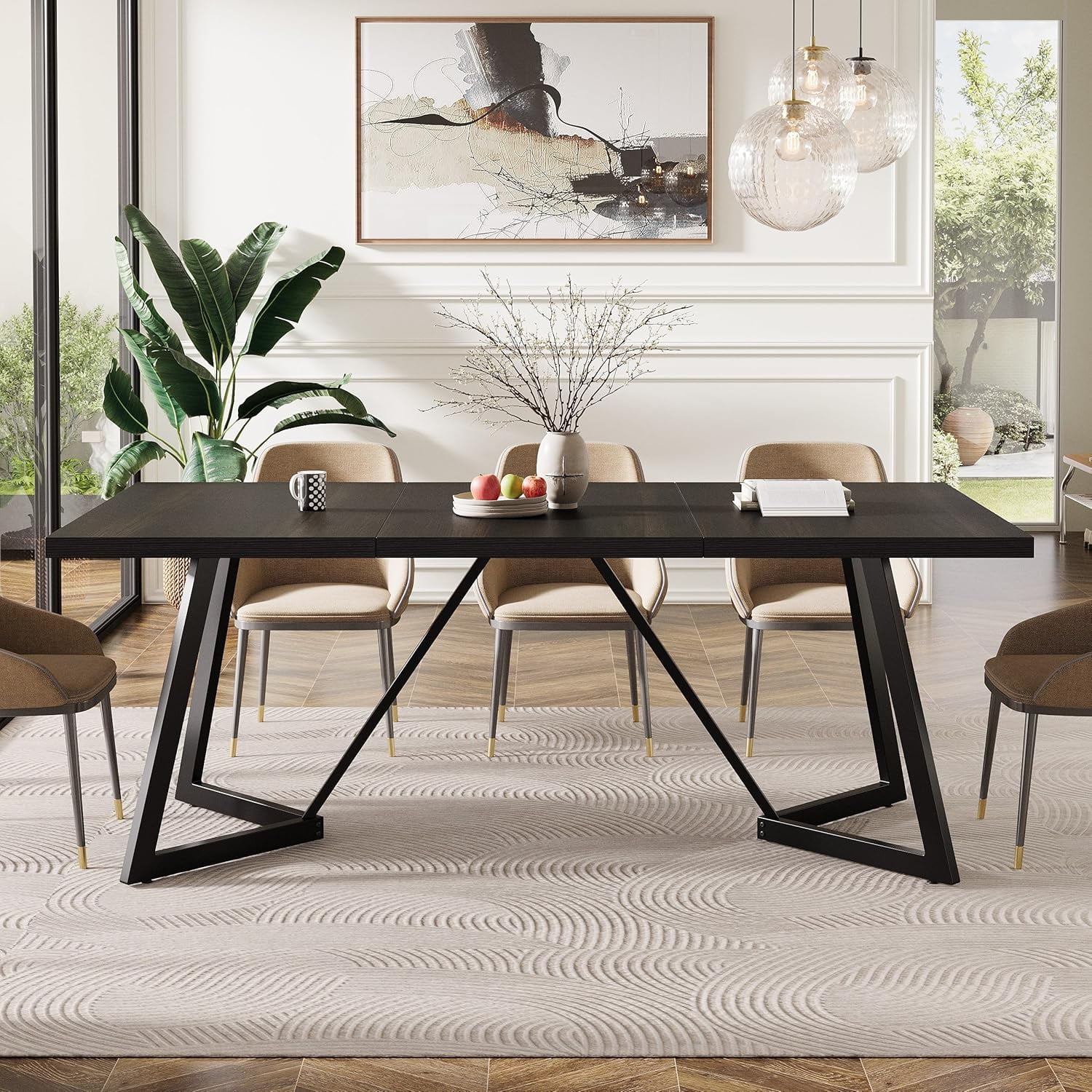 Tribesigns 70.86-Inch Large Dining Table for 6-8, Modern Black Dining Room Table with Metal Frame for Home Living Dining Room Family