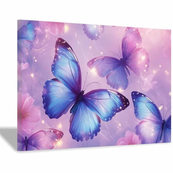 Mudket Blue and Purple Butterflies with Flowers Canvas Wall Art, Framed Print, Ready to Hang Wall Decor for Living Room Bedroom, Fantasy Style Artwork - 12"L x 8"W