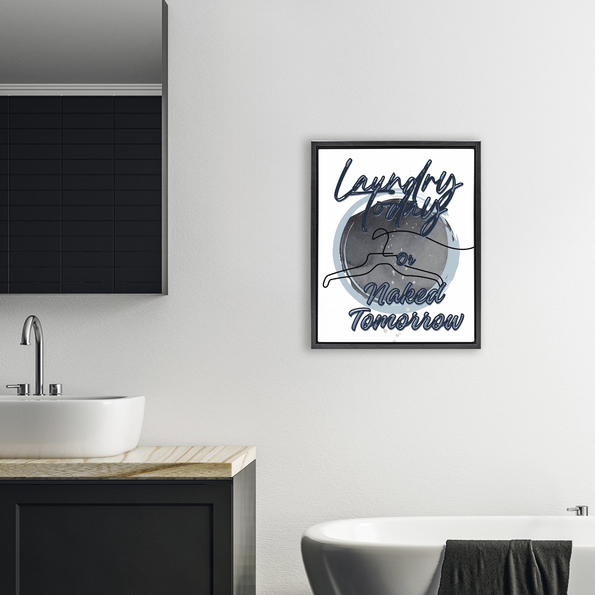 Laundry Phrase with Hanger Contour Black Framed Floater Canvas Wall Art, design by Jesse Keith