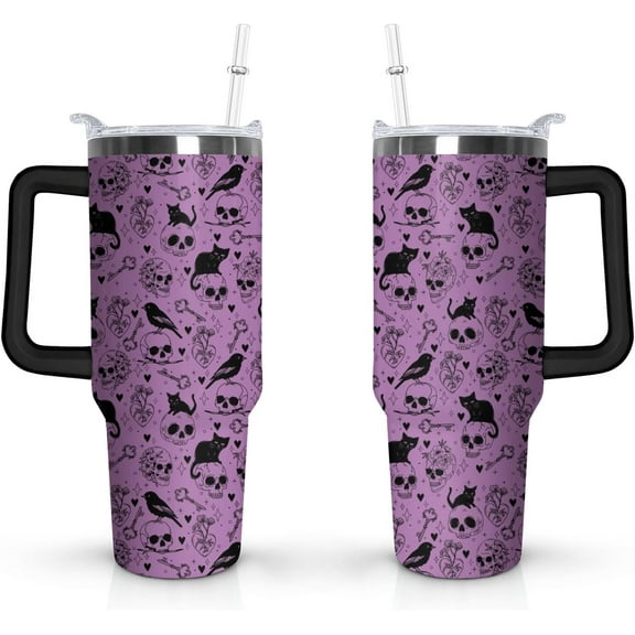 Halloween Gothic Cup Gifts for Women Men, Goth Skull 40oz Tumbler with Handle and Straw, Holiday Black Cat Stainless Steel Insulated Water Bottle (1 PC)