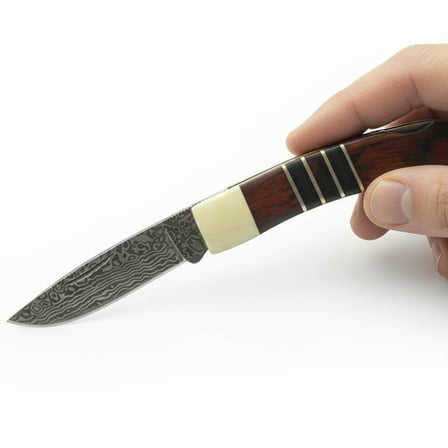 3" Sleek Lockback Pocket Knife with Damascus Etched Stainless Blade, Wood Handle and Nickel Silver Bolster