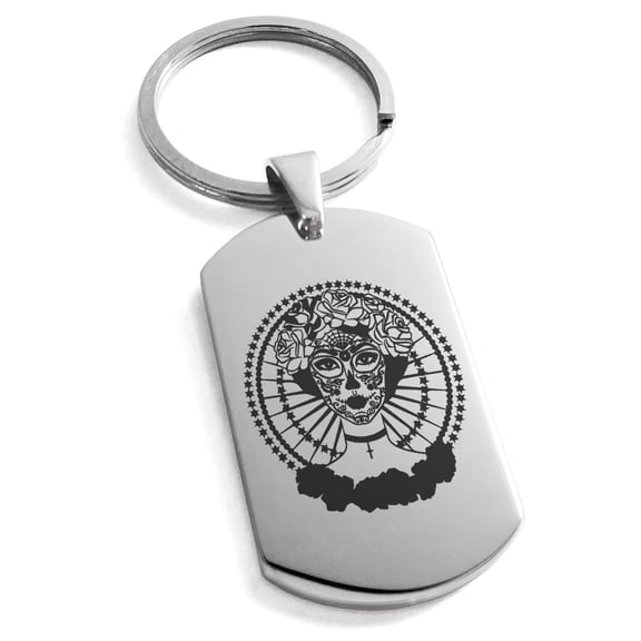 Stainless Steel Day of the Dead Rose Calavera Engraved Dog Tag Keychain Keyring
