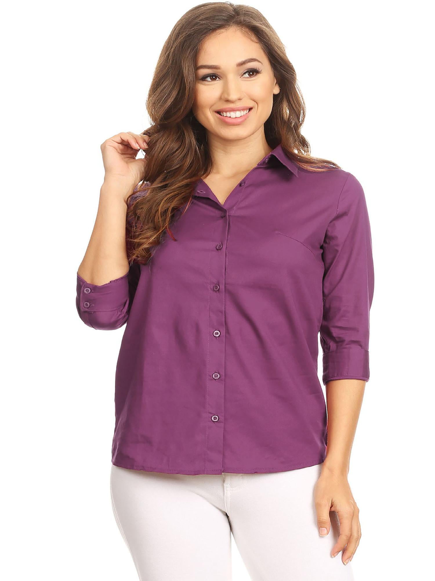 Women's Solid Casual Slim 3/4 Sleeve Button Up Front Stretch Poplin ...